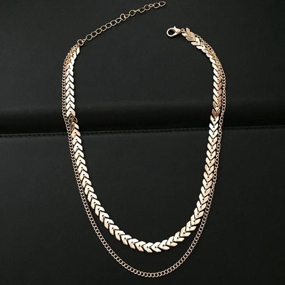 Simple 2 Chain one Clasp Gold or Silver Fishbone Choker Necklace - Picture 6 of 7